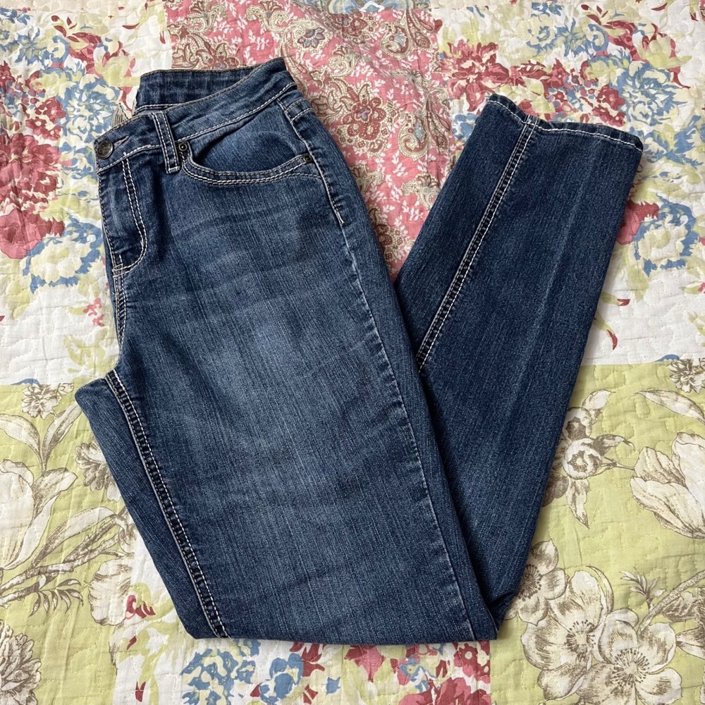 Earl Jean Womens Skinny Western Jeans Thick Contrast Stitch Embroidered Pockets